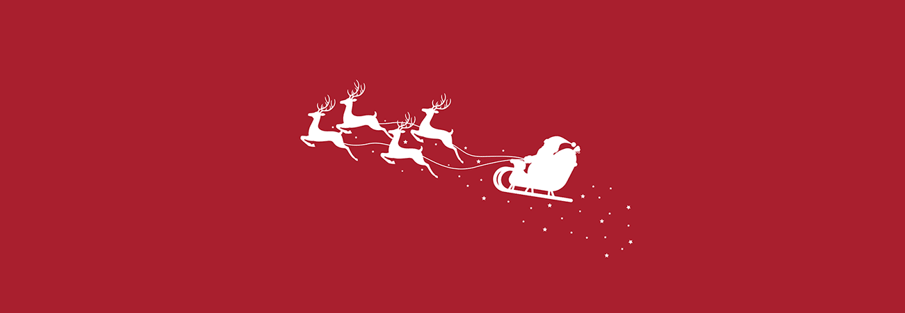 Illustrated silhouette of Santa's sleigh and reindeer rendered in white against a red background