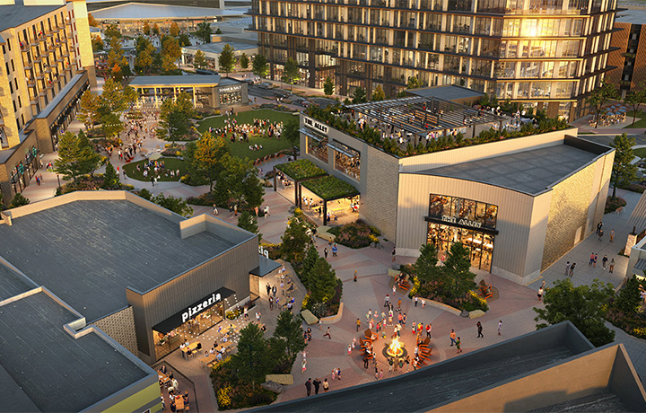 A rendering of an aerial view of the redevelopment at FlatIron Crossing