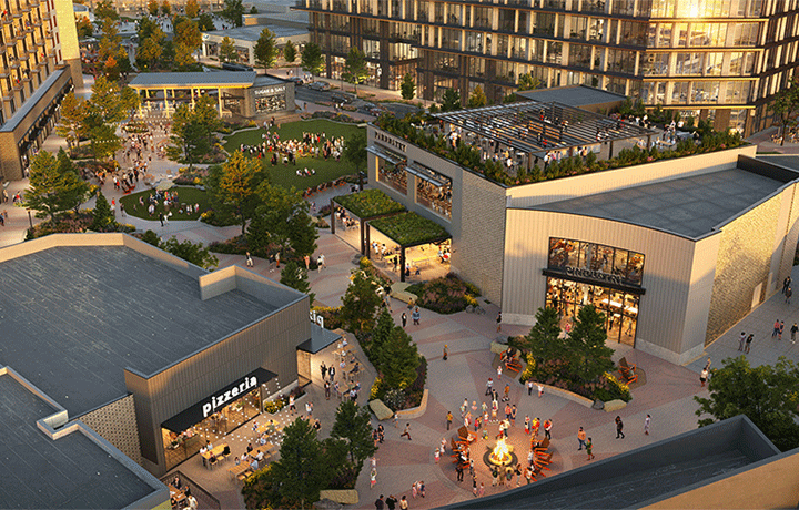 A rendering of an aerial view of the redevelopment at FlatIron Crossing