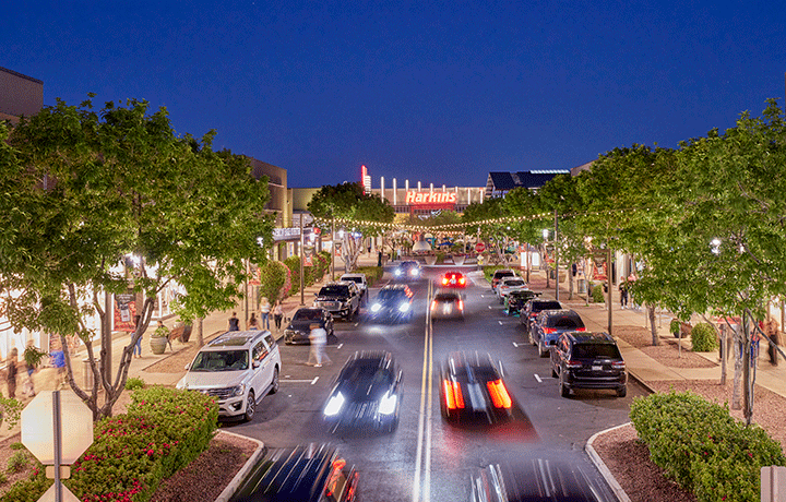 A view of SanTan Village at dusk