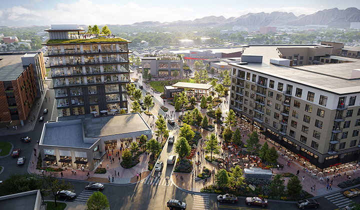 Aerial view of a rendering of the redeveloped FlatIron Crossing