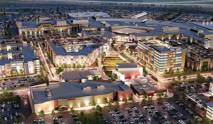 Aerial view of a rendering of the redeveloped FlatIron Crossing in the evening