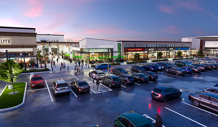 A rendering of the redeveloped Green Acres' entryway and parking area at night