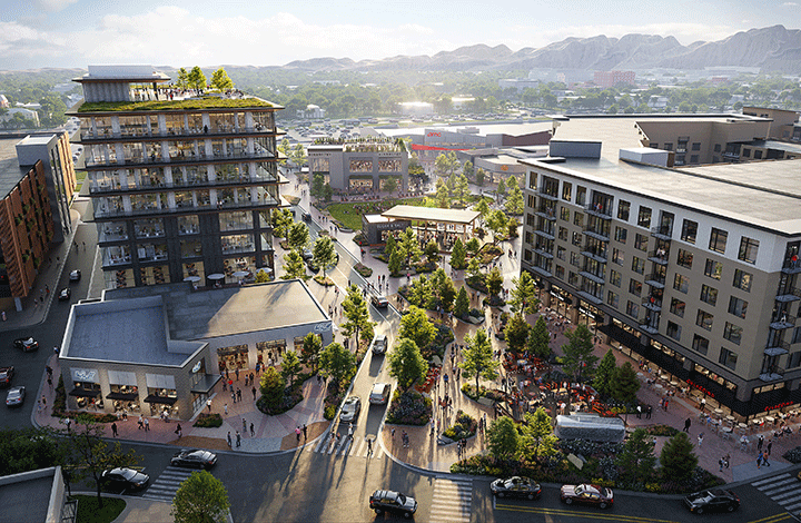 Aerial view of a rendering of the redeveloped FlatIron Crossing