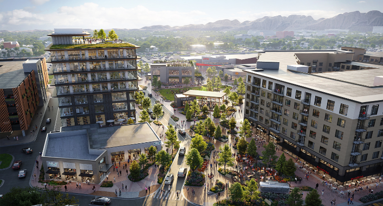 Aerial view of a rendering of the redeveloped FlatIron Crossing