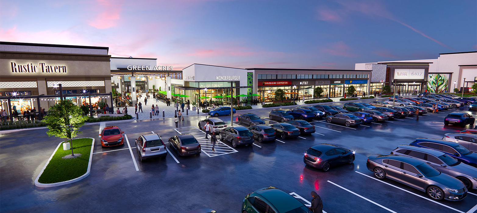 A rendering of the redeveloped Green Acres at dusk