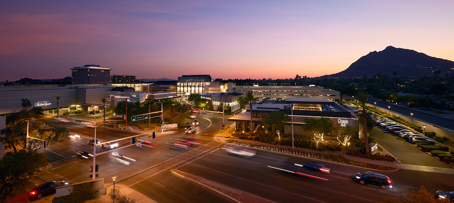 An areal view of Scottsdale Fashion Square at dusk