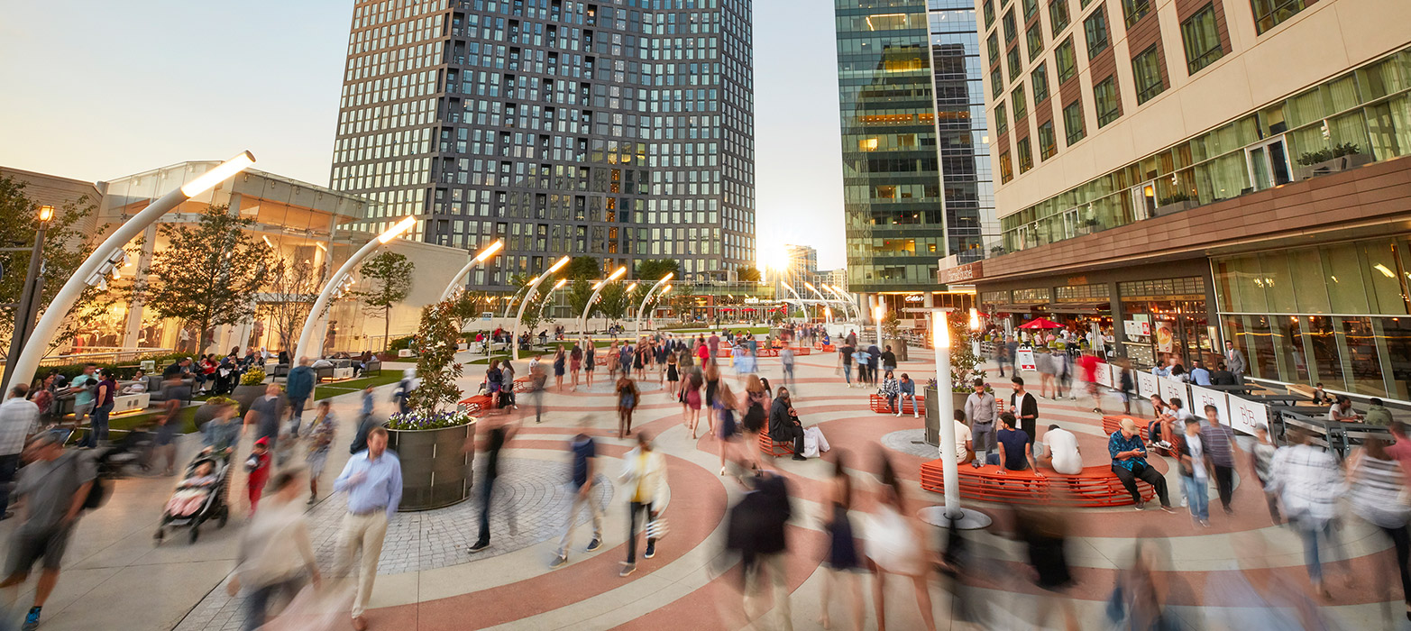 The Plaza at Tysons Corner Center in the evening