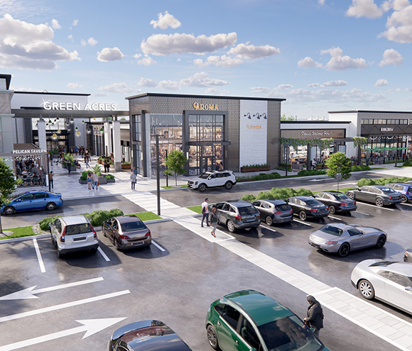 Green Acres mall rendering showing Pelican Tavern, Roma with cars and shoppers