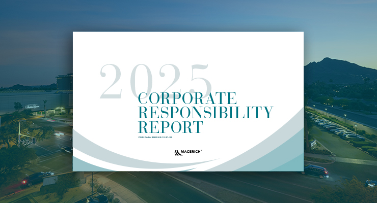 Cover of Macerich's 2025 Corporate Responsibility Report showing an aerial view of a busy open-air shopping center