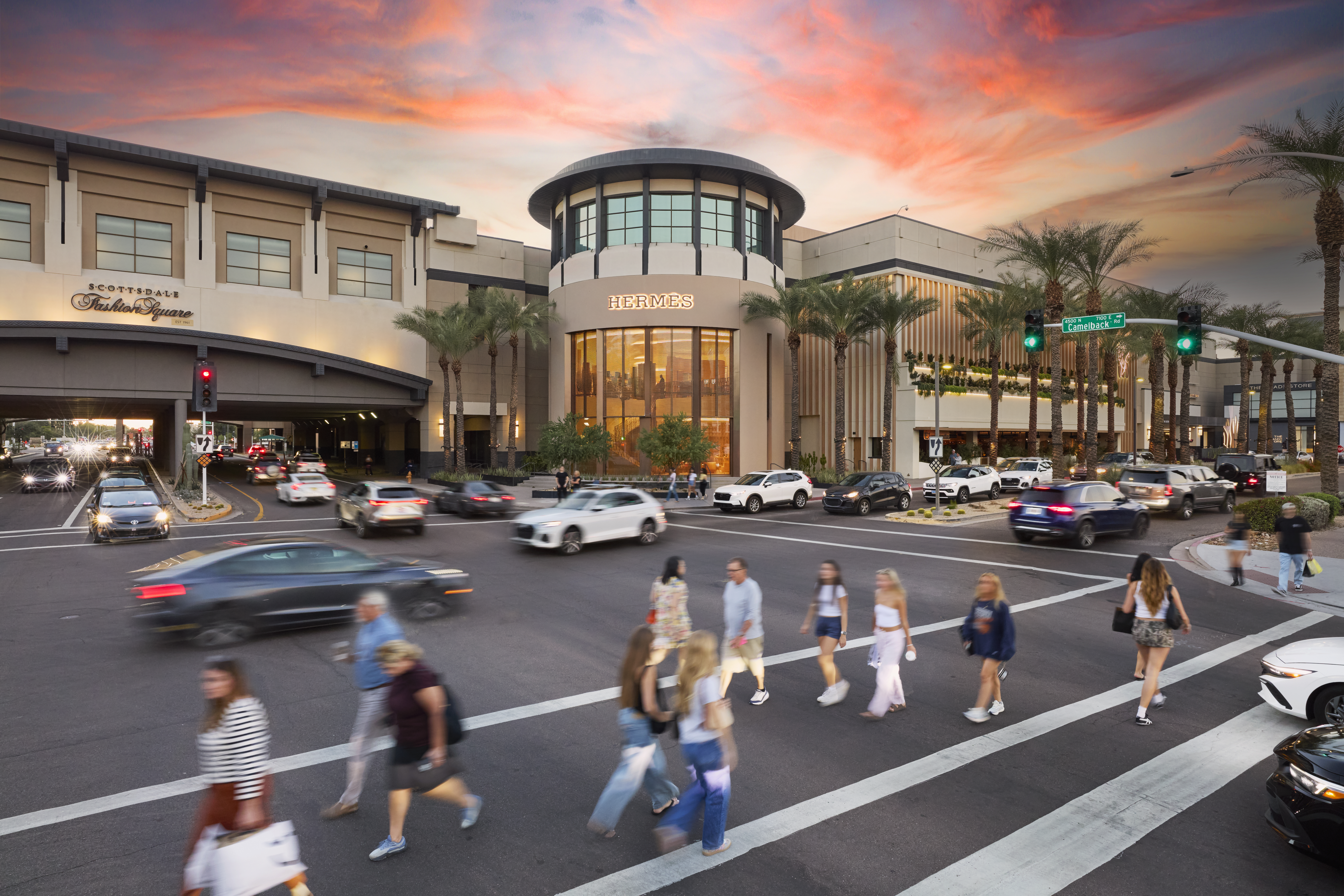 An exterior view of Scottsdale Fashion Square at dusk