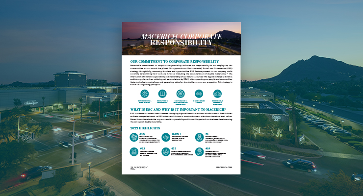 The title page of the Macerich Corporate Responsibility Report superimposed over a twilight image of Scottsdale Fashion Square