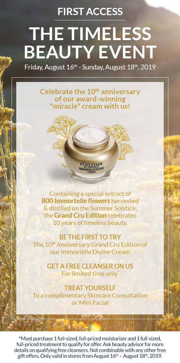 Photo of L'Occitane award winning face cream (gold and yellow). Disclaimers and promotions for event listed.