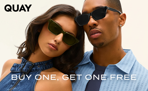 quay logo, buy one, get one free. male and female models wearing black sunglasses