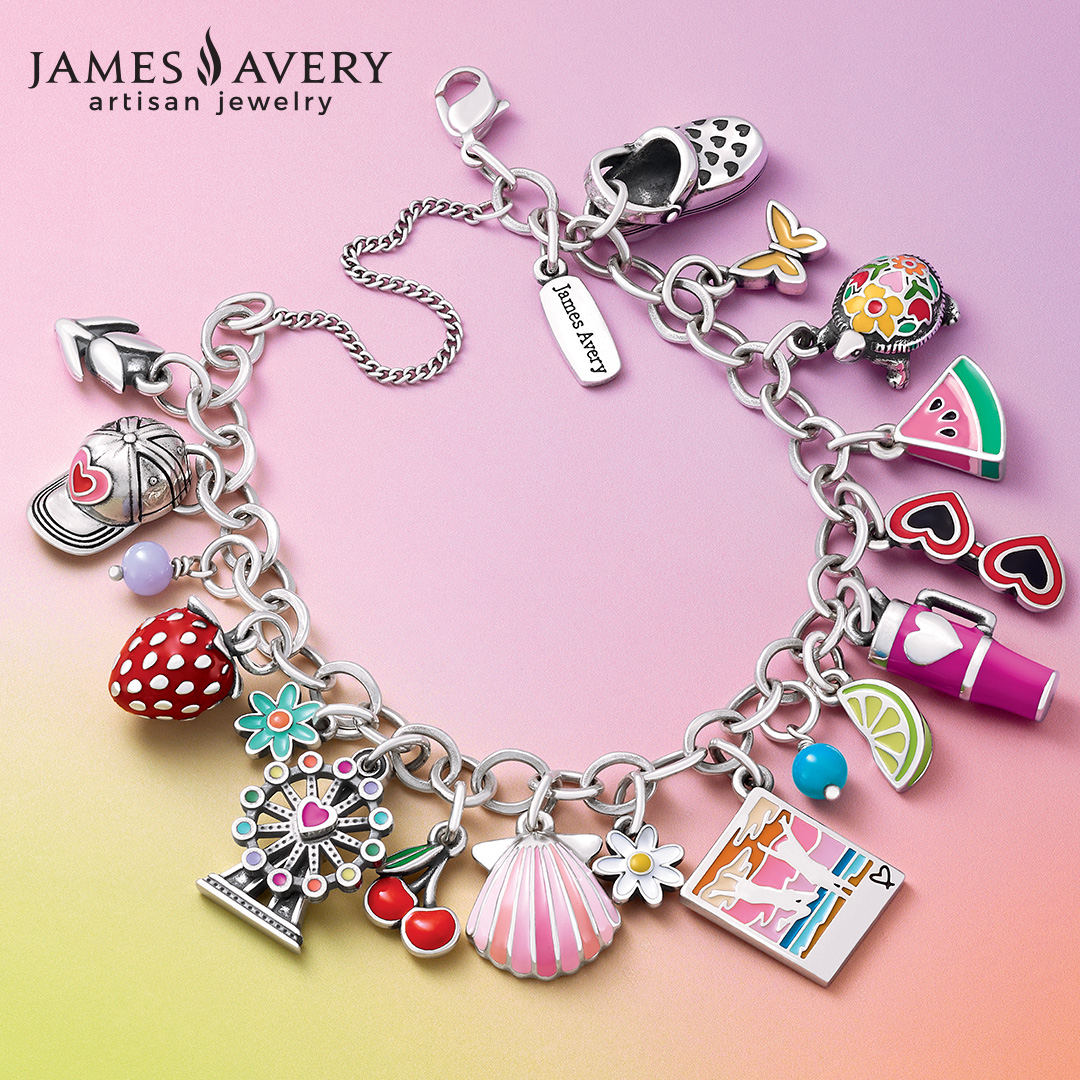 charm bracelet against a pink, orange, and yellow gradient background with james avery logo