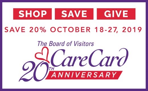 Red, white and purple letters on white background for Care Card 20th Anniversary
