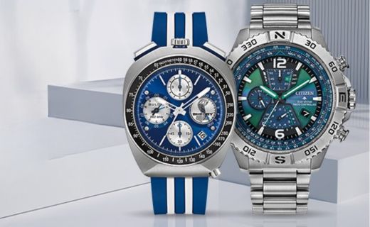 two watch faces against a silver background 