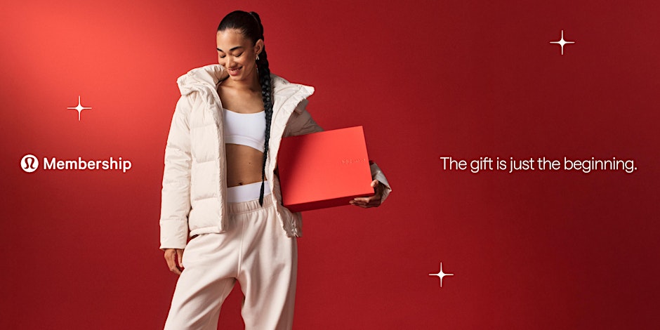 lululemon membership. the gift is just the beginning. woman wearing white holding a red box.