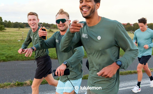 three men running looking at the camera. powered by lululemon logo