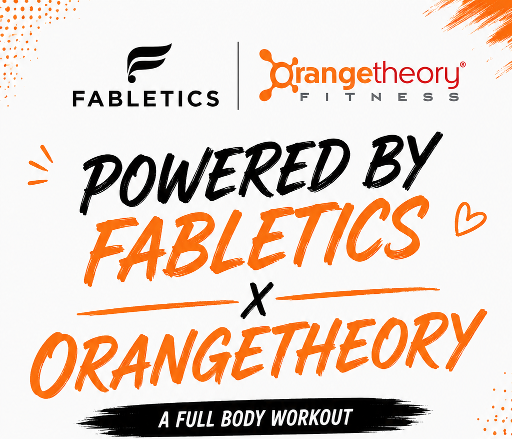 fabletics logo x orangetheory logo. powered by fabletic x orangetheory. a full body workout 