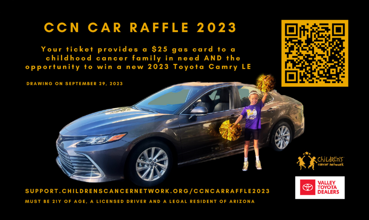 CCN Car Raffle flyer with Toyota Camry and little girl with pom poms on black background