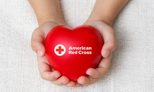 Hands holding a heart shaped squeeze ball with the words American Red Cross