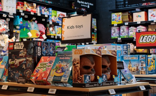 Toys on shelves and tables.