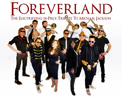 Fourteen band members with instruments representing Foreverland.