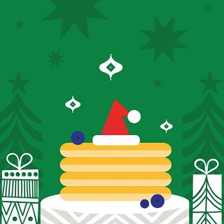 Cartoon of a table, gifts, pancakes and a Santa hat.