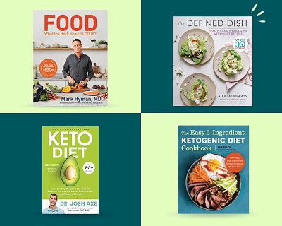Three cookbooks - one with man slicing vegetables, one with three plates, one with a man and avocado and one with a plate.