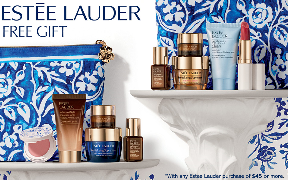 Says "Estee Lauder Free Gift with Purchase. *With any Estee Lauder purchase of $45 or more. Image is of two different makeup travel kits, lotion, blush, lipstick, etc. 