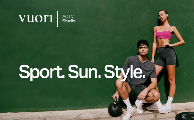 Vuori ACTV Studio ad featuring a man and woman in athletic wear against a green backdrop, with the tagline 'Sport. Sun. Style.' A man crouches beside a kettlebell while a woman stands beside him in a pink sports bra and gray shorts.