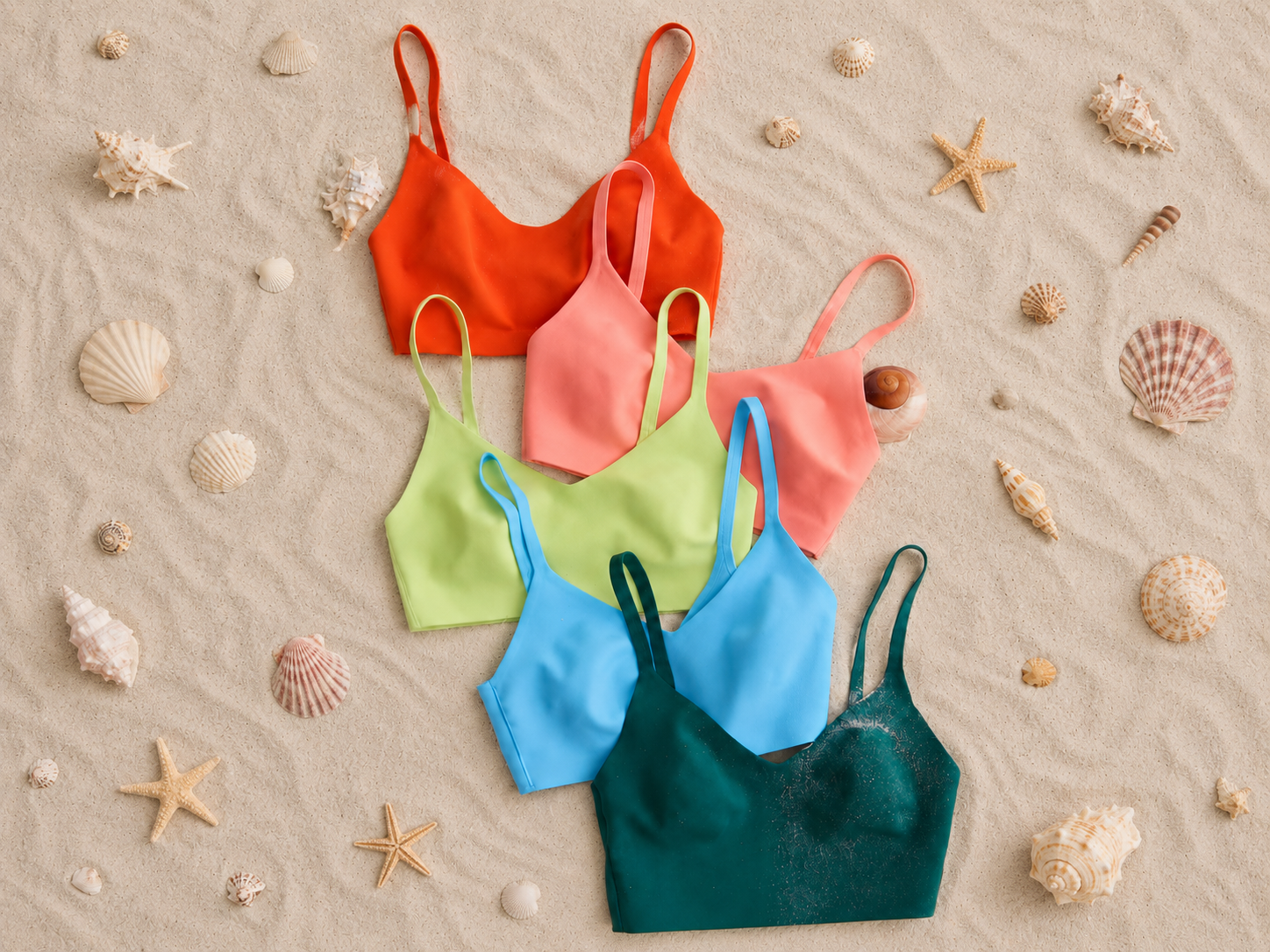 Five assorted colors of sports bras from Aerie laying on a sandy beach with seashells around them. 