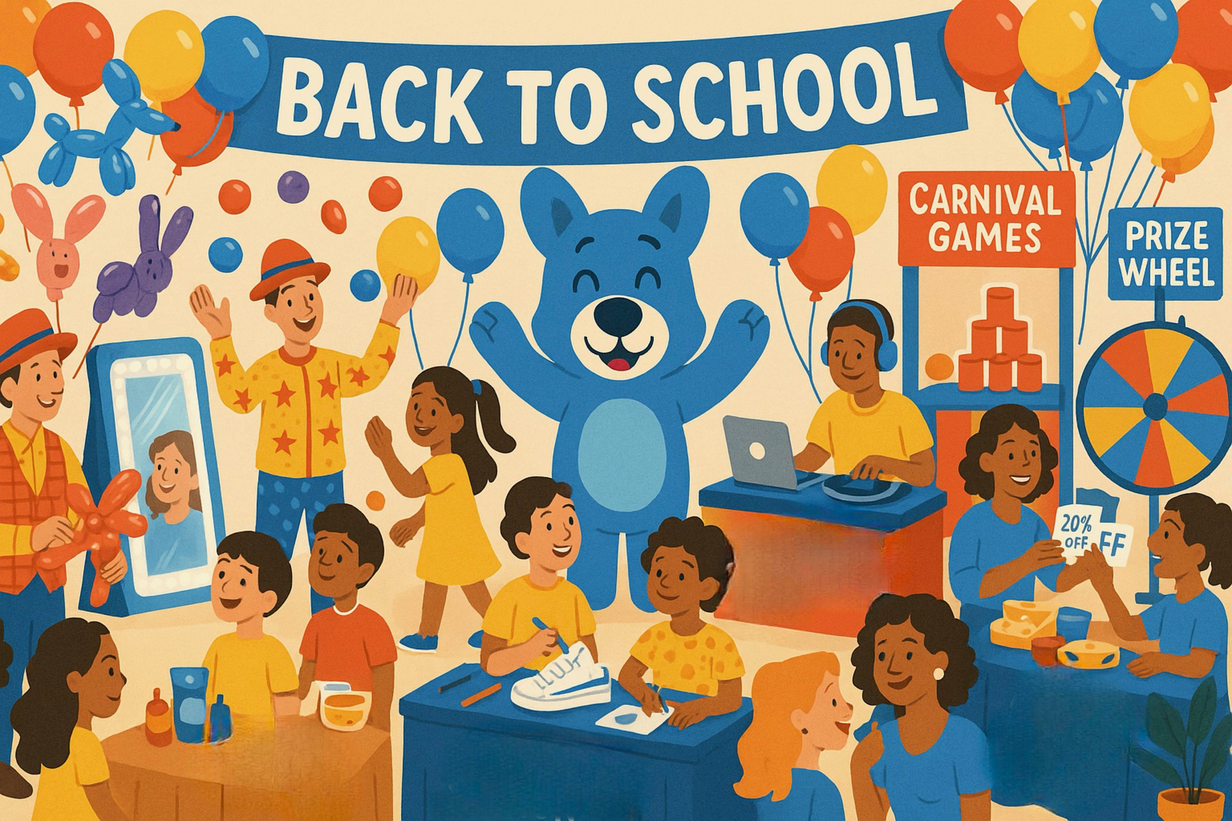 Cartoon image of a back to school party. Banner at the party says Back to School.