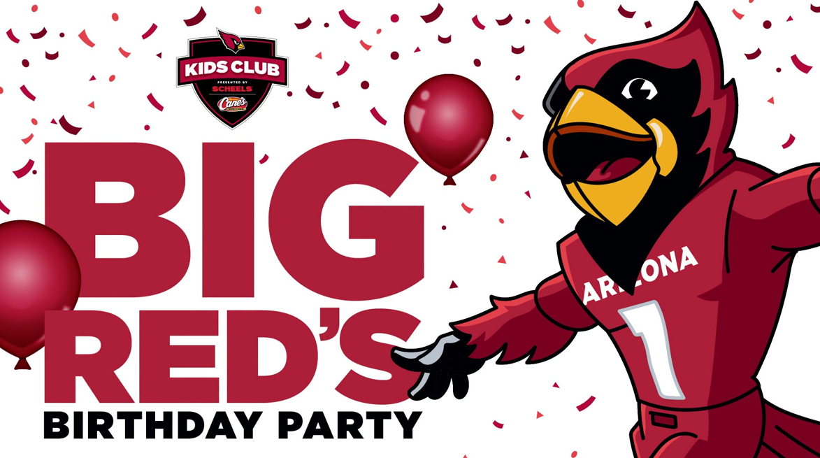 image of arizona cardinals mascot, big red celebrating a birthday 