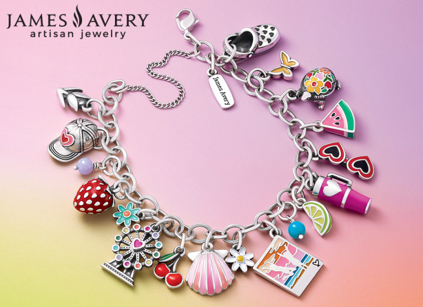 Image has James Avery logo in the top left corner. A pink and yellow back ground with a charm bracelet with assorted charms on it. 