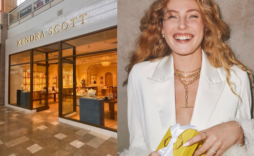 Image of new Kendra Scott store front on one side. On the other side an image of a woman holding a kendra scott gift box 