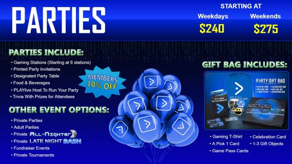 White wording explaining party package and directional buttons on a blue background.
