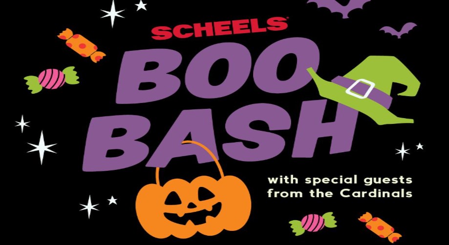 Cartoon image with a black background, jack-o-lanterns, Witches hat, and candy. Image has Scheels logo and says "Boo Bash - with special guests from the Cardinals. 