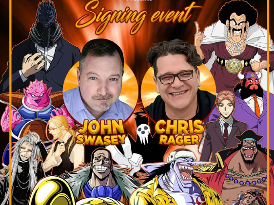 Image says "Signing Event" and has two actors pictured with their names. John Swasey and Chris Rager. There are images of the anime characters they each play at the bottom of the image.