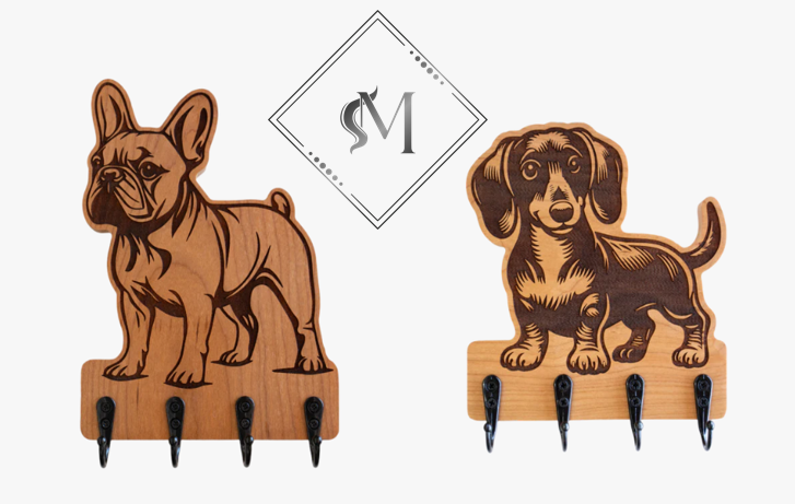 Two wooden leash hangers you can mount to a wall, one Frenchie and one Weiner dog. With Smoke and Mirror Logo. 
