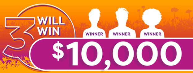 Image says 3 will win $10,000 and has silhouettes of three people with the word "winner" written on them. 