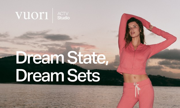 Girl in a two piece pink jump suit. Image says, "Vuori | ACTV Studio" and "Dream State, Dream Sets" 