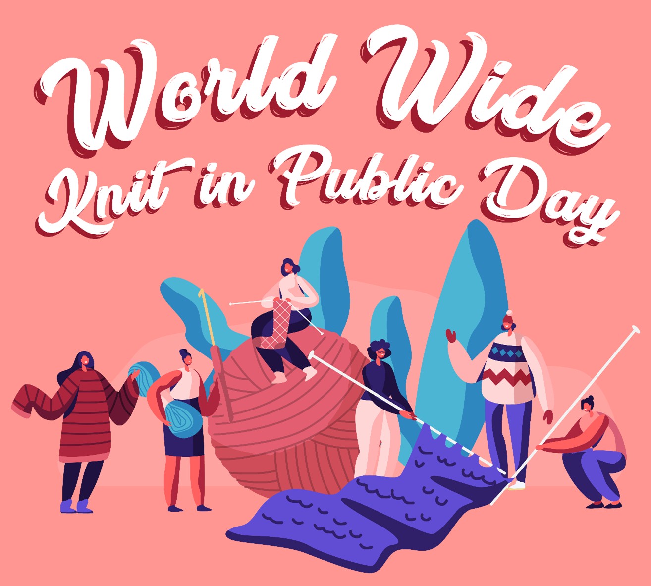Image says WW Knit in Public Day and has a huge ball of yarn with people knitting 