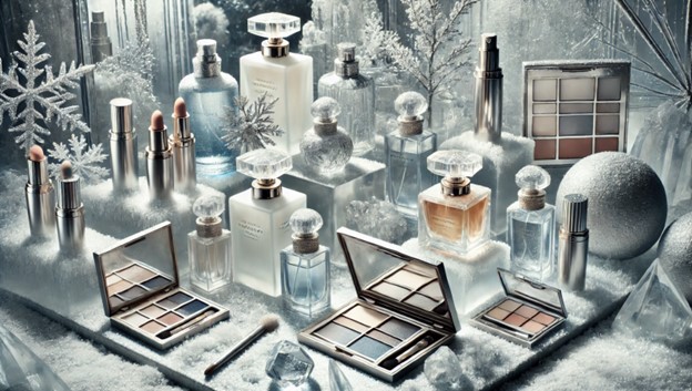 Assorted beauty products displayed with wintery themed décor. 