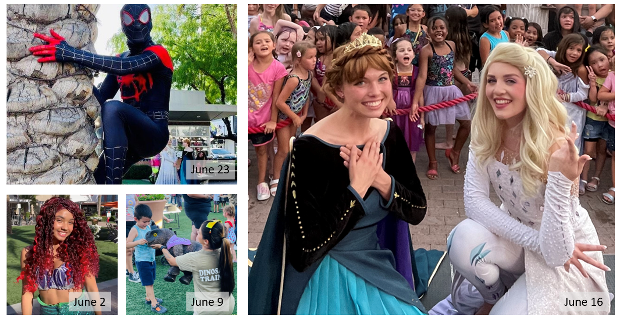 Adults dressed as Anna and Elsa from the Frozen, Ariel from Little Mermaid, Spiderman, and a lady dressed as a dinosaur trainer with a kid feeding a fake baby dinosaur. 