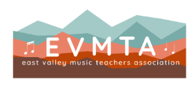 East Valley Music Teachers Association (EVMTA) logo with layered teal, coral, and brown mountain shapes and the letters EVMTA between two music notes.