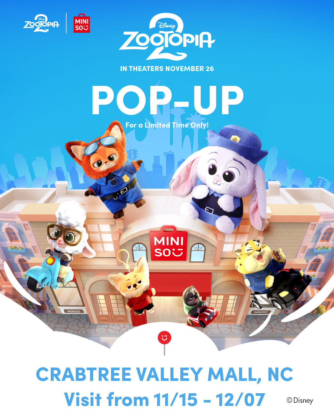 Miniso pop-up promoting Zootopia 2 collection with themed merch, free gifts, and opening-weekend blind box offer.