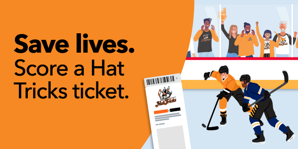 cartoon image of 2 people playing hockey while a crowd watches. Includes the Hat Tricks logo. 