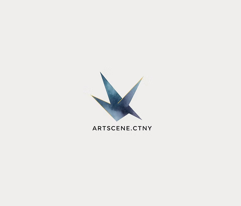 a stylized blue watercolor bird with gold outlines above the wordmark ARTSCENE.CTNY